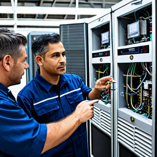 A diverse team of professional HVAC technicians wearing clean, modest, and fully clothed professional uniforms and appropriate safety gear, actively collaborating to troubleshoot a complex industrial refrigeration unit. They are in a modern, well-lit commercial building's mechanical room, surrounded by advanced machinery, digital displays, and intricate piping. One technician points at a screen while another consults a detailed diagram. The scene emphasizes teamwork and problem-solving, with a natural pose, perfect anatomy, correct proportions, well-formed hands, and proper finger count. Professional photography, high detail, ultra-realistic, safe for work, appropriate content, family-friendly.