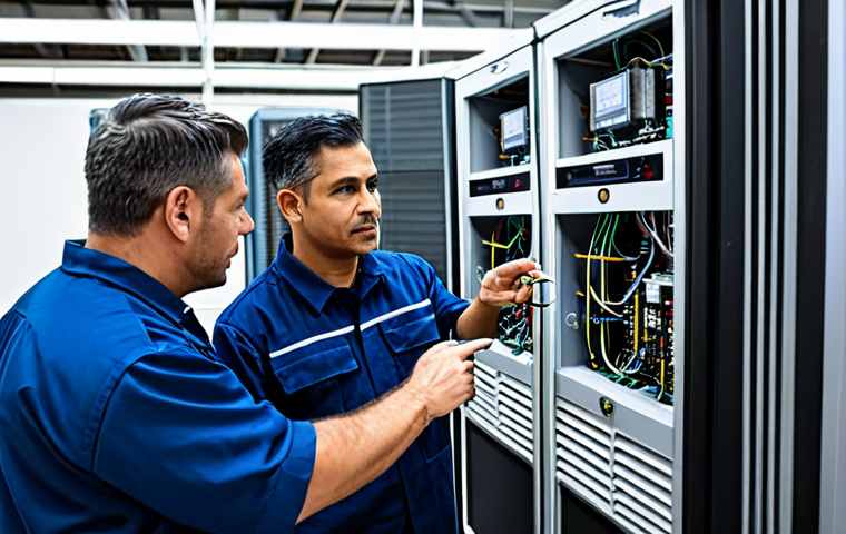 A diverse team of professional HVAC technicians wearing clean, modest, and fully clothed professional uniforms and appropriate safety gear, actively collaborating to troubleshoot a complex industrial refrigeration unit. They are in a modern, well-lit commercial building's mechanical room, surrounded by advanced machinery, digital displays, and intricate piping. One technician points at a screen while another consults a detailed diagram. The scene emphasizes teamwork and problem-solving, with a natural pose, perfect anatomy, correct proportions, well-formed hands, and proper finger count. Professional photography, high detail, ultra-realistic, safe for work, appropriate content, family-friendly.