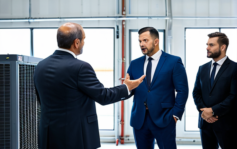 Leadership in Action**
A professional male manager, fully clothed in appropriate business attire (suit and tie), standing in a modern HVAC workshop, gesturing towards a complex air conditioning unit with his team gathered around him. He is explaining a technical detail. The environment is well-lit and organized with tools and equipment visible. safe for work, appropriate content, perfect anatomy, natural pose, professional, high quality, well-formed hands, proper finger count, natural body proportions, modest, family-friendly.
**